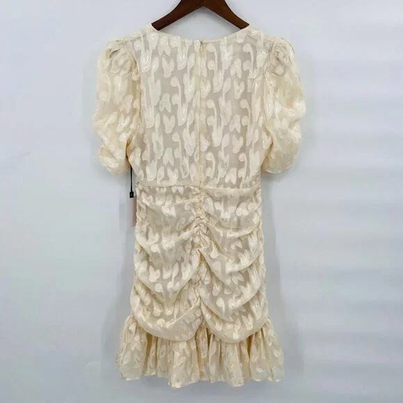 ASTR the Label Erina Ruched Short Puff Sleeve Mini Dress M Cream Lacy Bridal - Picture 3 of 8